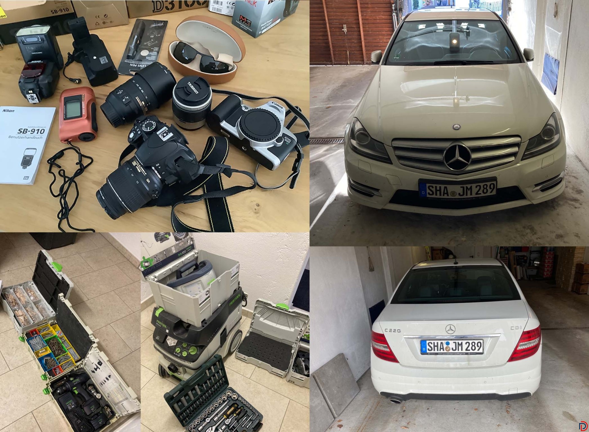 1 Automobil Mercedes-Benz C 220 CDI, 2 cameras, and accessories, batteries, tools.