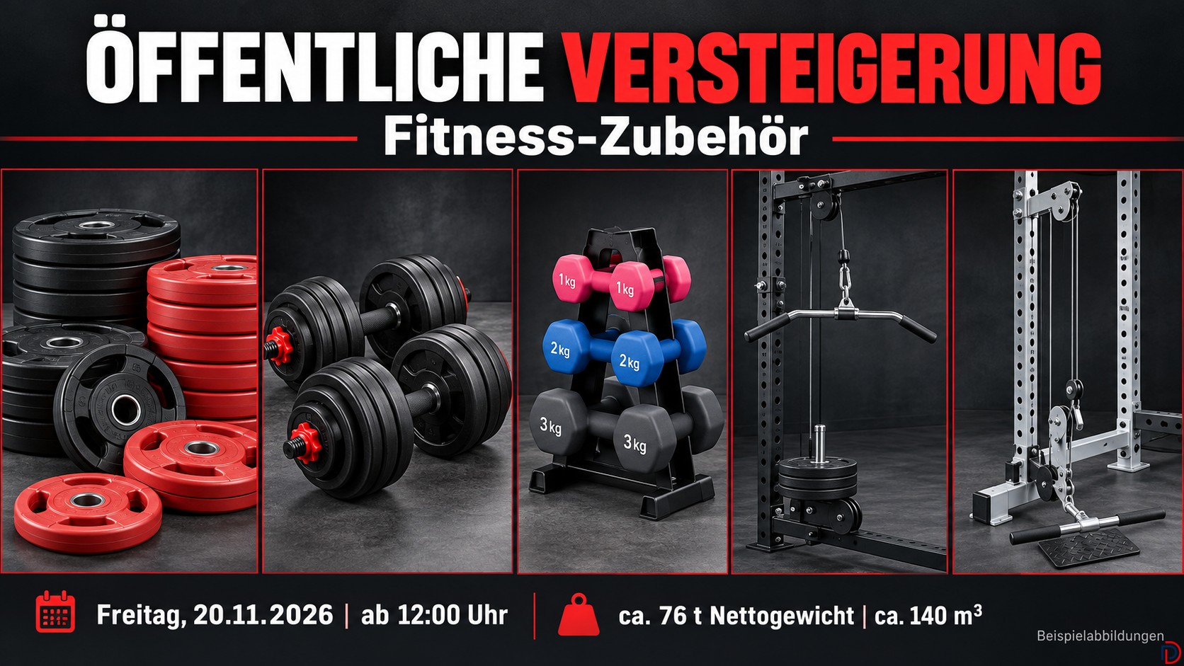 Konvolut Neuware Fitness-Zubehör: Metall Zement-Kunststoffware — Hanteln und Hantelscheiben – Kurzhantelsets je 30 kg, Kurzhantelsets mit Ablagepyramiden sowie Hantelscheiben