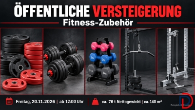 Bild Konvolut Neuware Fitness-Zubehör: Metall / Zement-Kunststoffware — Hanteln und Hantelscheiben – Kurzhantelsets je 30 kg, Kurzhantelsets mit Ablagepyramiden sowie Hantelscheiben aus Zement ummantelt mit Kunststoff. Circa 76 Tonnen Nettogewicht und etwa 140 m³ Volumen.